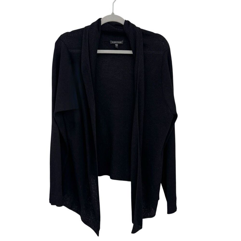 Eileen Fisher System 100% Wool Waterfall Cardigan Size XL Black Boxy
